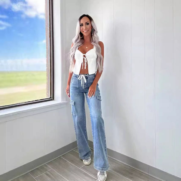 Factory direct sales 2025 new straight leg jeans women's American casual lace-up multi-pocket functional cargo pants in stock