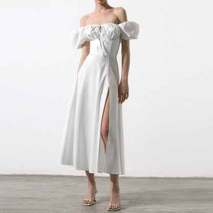 2025 Cross Border Europe and America Spring Summer French Long Skirt Amazon Women's Commuter Puff Sleeve Lace-up Slit Dress Women