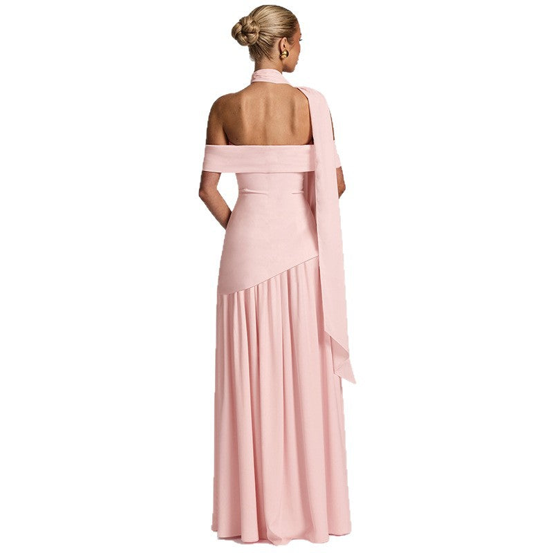 Cross-border autumn new women's sexy high slit backless dress temperament solid color one-shoulder bandeau skirt for women