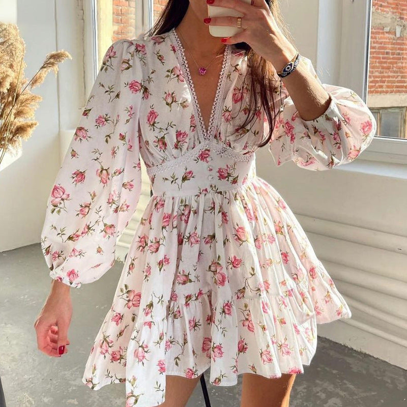 2026 Amazon European and American Clothing Temperament Sweet Floral High Waist Slim V-Neck Short Long Sleeve European and American Dress
