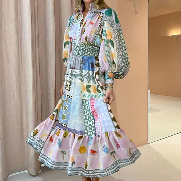 Spring 2026 European and American foreign trade women's temperament commuter painted printed lanterns long sleeves cinched waist large skirt dress