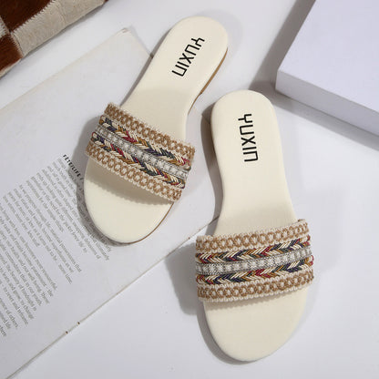 European and American cross-border women's shoes, export fashion slippers, classic versatile ethnic style webbing decoration, round-toe flat sandals