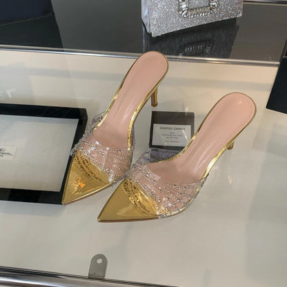 YX2026 French one-line strap sexy celebrity thin heel transparent sandals summer temperament pointed toe rhinestone high heel slippers