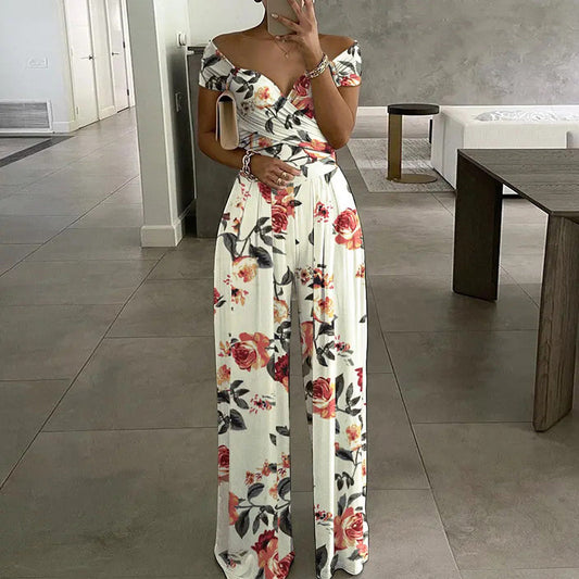 Amazon's new European and American clothing in spring personality casual one-shoulder fashion print temperament high-waisted jumpsuit