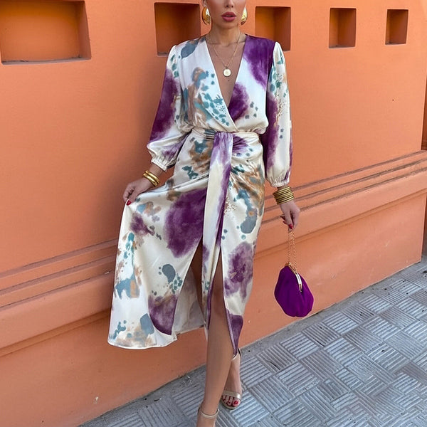 Foreign Trade Spring 2026 Amazon European Beauty Clothing Chic V-Neck Long Sleeve Sexy Slit Midi Skirt Two-Piece Set - view 2 | Ciaura