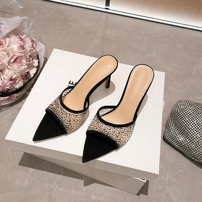 YX open-toe pointed mesh rhinestone sexy slippers women's 2026 summer wear temperament stiletto heeled sandals