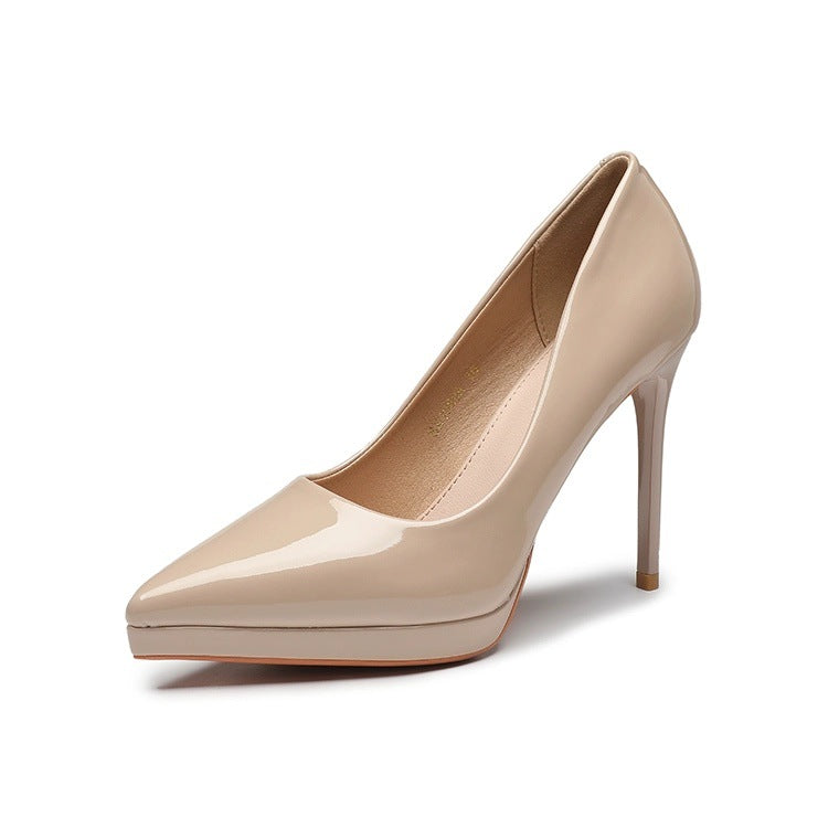 YX patent leather high heels, women's pointed toe platform, no tired feet, thin heels, commuting nude single shoes, red sole high heels