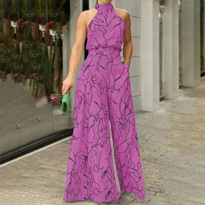 2026 spring new European and American foreign trade women's fashion crew neck sleeveless temperament fashion slim printed jumpsuit women