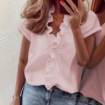 Cross-border European and American women's plus-size short-sleeve ruffled collar women's short-sleeve new shirt