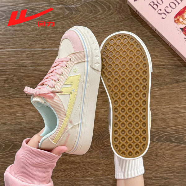 Warrior women's thick-soled skate shoes, pink star-colored casual canvas shoes, new autumn skateboard shoes for girls