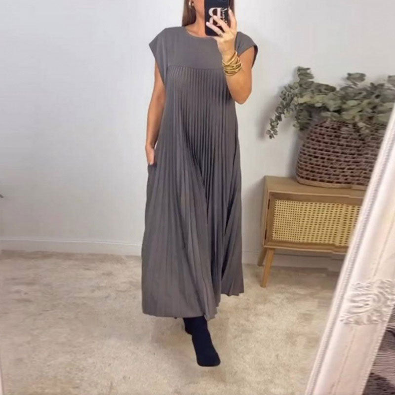 2026 Spring New Dress Cross-border European and American Clothing Elegant and Fashionable Crew Neck Sleeveless Pleated Long Dress