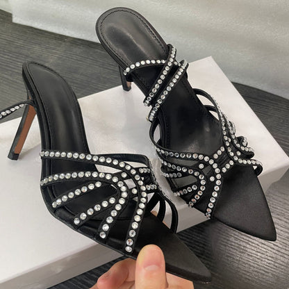 WO Huizhou Black Stiletto Heel Pointed Sandals Silk Satin Open Toe Fashion Versatile Style Women's Shoes 2026 Summer New Style