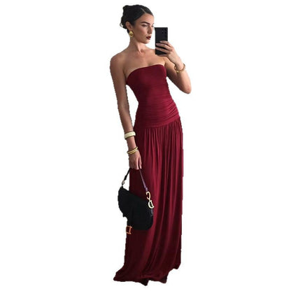 Foreign trade wholesale 2025 summer new European and beautiful clothing sleeveless sexy bandeau pleated long slim dress for women