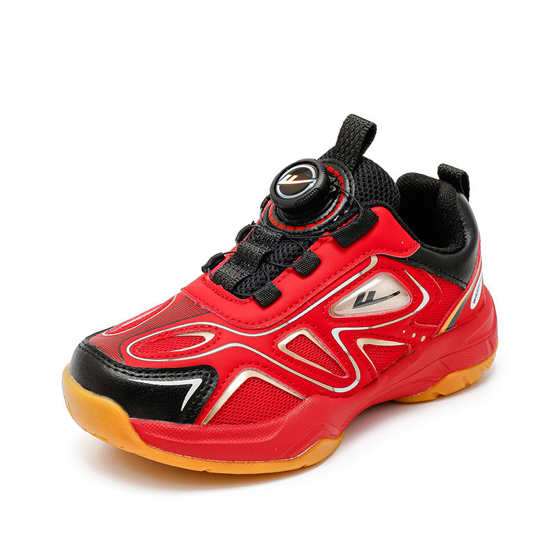 Red boys' button-down shoes, cool leather plus net badminton shoes, autumn new pull-back children's shoes, indoor sports shoes