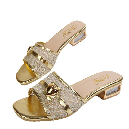 European and American cross-border foreign trade wholesale high-heeled sandals, women's slippers, elegant chain decorative buttons, square-toe sandals