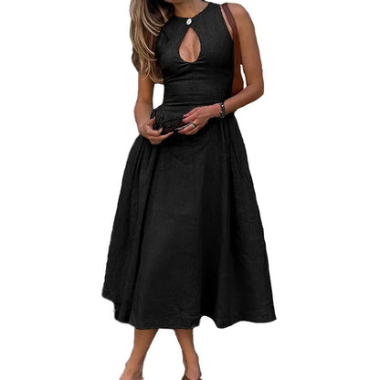 2025 Independent Station Summer New European and American Clothing Temperament Elegant and Fashionable Sleeveless High-Waisted Solid Color Dress 661