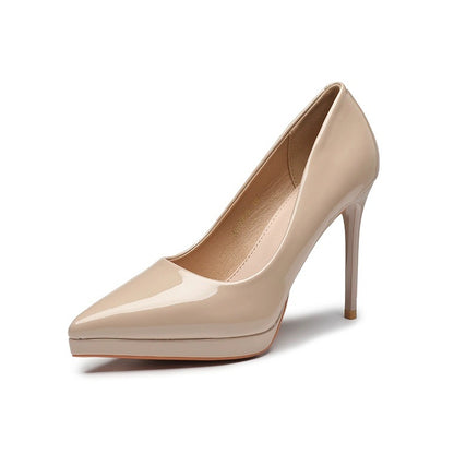 YX patent leather high heels, women's pointed toe platform, no tired feet, thin heels, commuting nude single shoes, red sole high heels