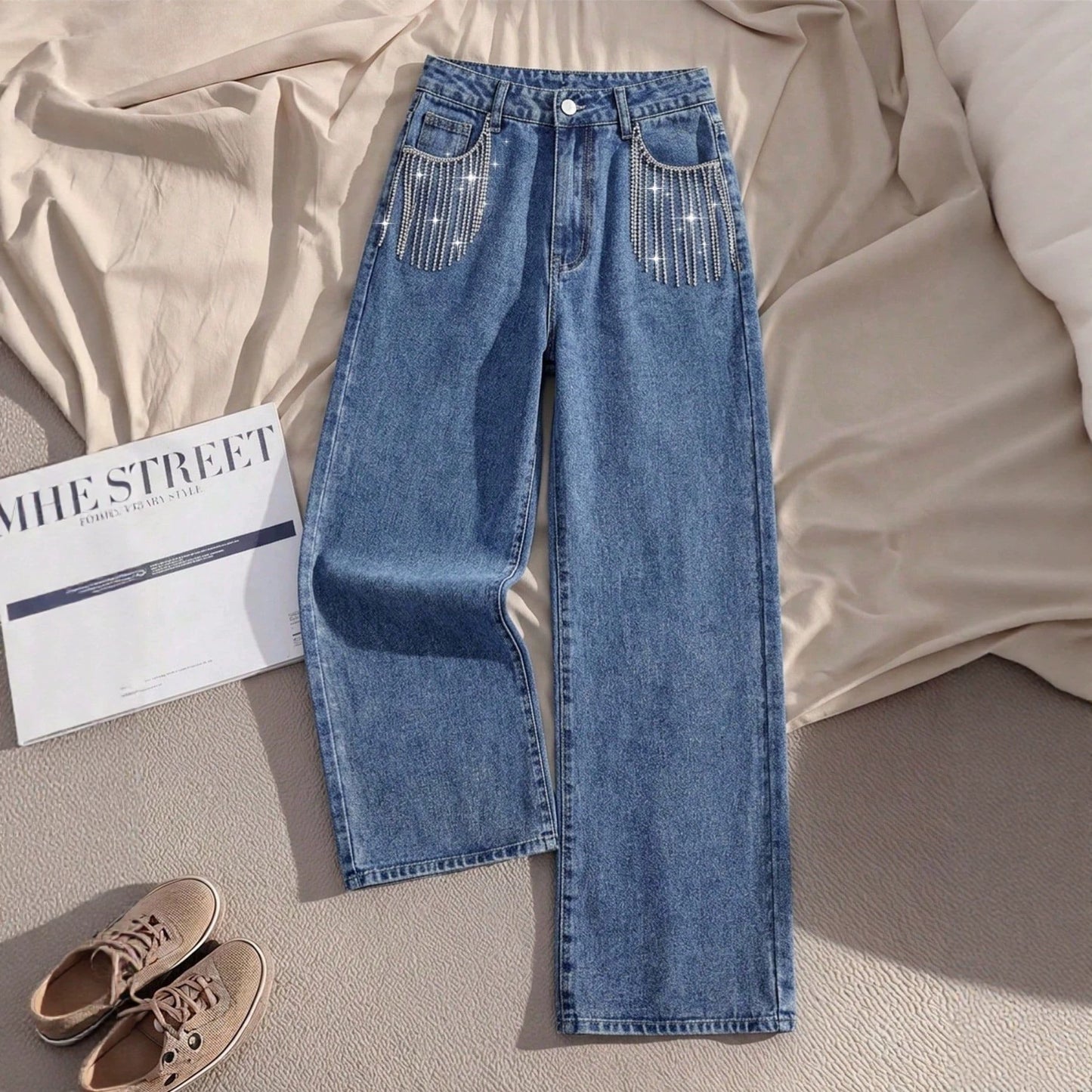 European and American Trade TK Bestselling Women's Pants, High-Waist Heavy-Duty Fashionable Rhinestone Design Long Jeans Women Jeans