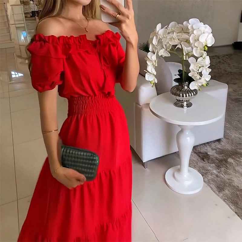 2025 European and American cross-border foreign trade new fashion solid color lotus lace leaf edge bandeau puff sleeve big swing dress for women