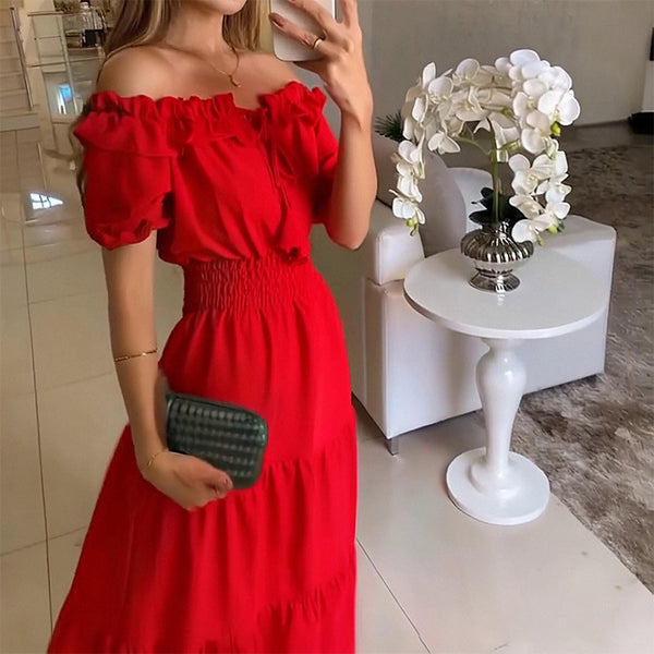 2025 European and American cross-border foreign trade new fashion solid color lotus lace leaf edge bandeau puff sleeve big swing dress for women