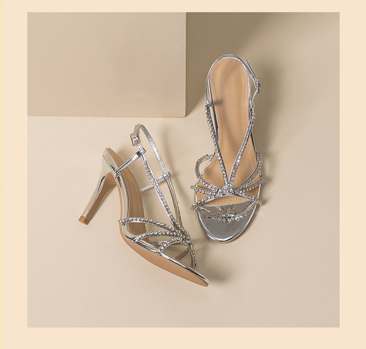 2026 Spring New High Heeled Sandals Women's Round Toe Rhinestone Thin Heel 8cm Commuter Celebrity Microfiber Sole Silver Spring Batch