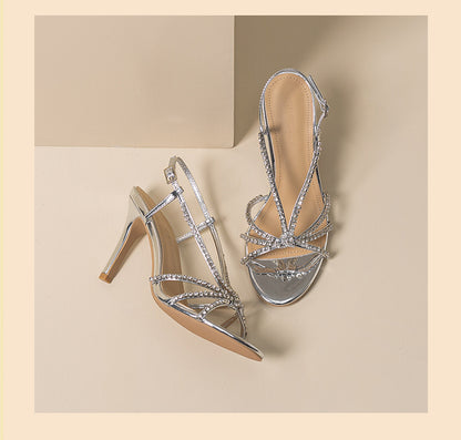 2026 Spring New High Heeled Sandals Women's Round Toe Rhinestone Thin Heel 8cm Commuter Celebrity Microfiber Sole Silver Spring Batch