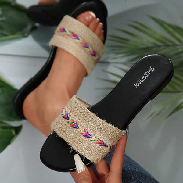 Women's Sandals Cross-border Women's Shoes Foreign Trade New Fashion Hemp Rope Versatile Solid Color Decorative Round Toe Women's Slippers