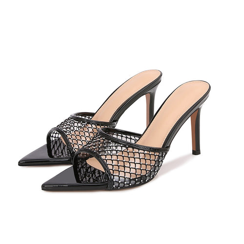 Women's high-end fashion black grid rhinestone heel slippers thin heels pointed open toe high heels do not tire the feet