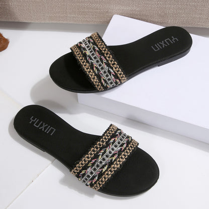 European and American cross-border women's shoes, export fashion slippers, classic versatile ethnic style webbing decoration, round-toe flat sandals