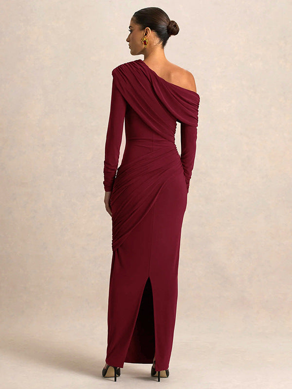 Foreign trade European and beautiful women's autumn and winter new fashion solid color diagonal collar long sleeve irregular pleated temperament hip wrap dress