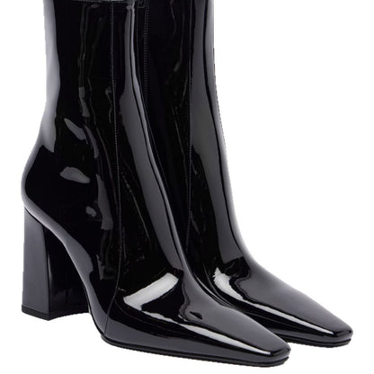 Tecido de couro patente dedo apontado dedo do pé grosso salto alto salto alto com zíper botas de cavaleiro, botas femininas versáteis de alta moda