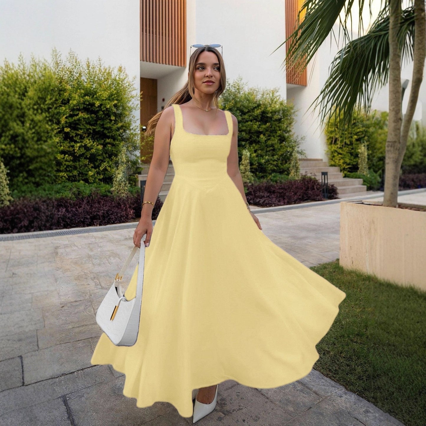 Foreign trade amazon 2025 summer new European and American women's temperament square neck sleeveless waist suspender dress women