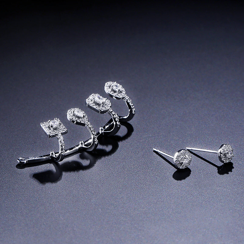 Cross-border bestselling jewelry zircon stud earring set, three-color zircon ear bone clip earrings, light luxury and high-end style dropshipping