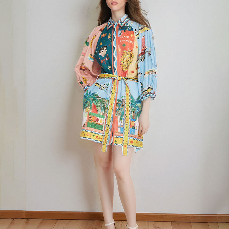 2026 spring new cross-border Amazon European and American fashion printed temperament lapel strap short-sleeved dress