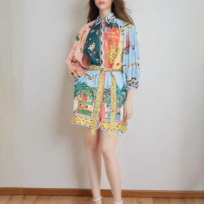 2026 spring new cross-border Amazon European and American fashion printed temperament lapel strap short-sleeved dress