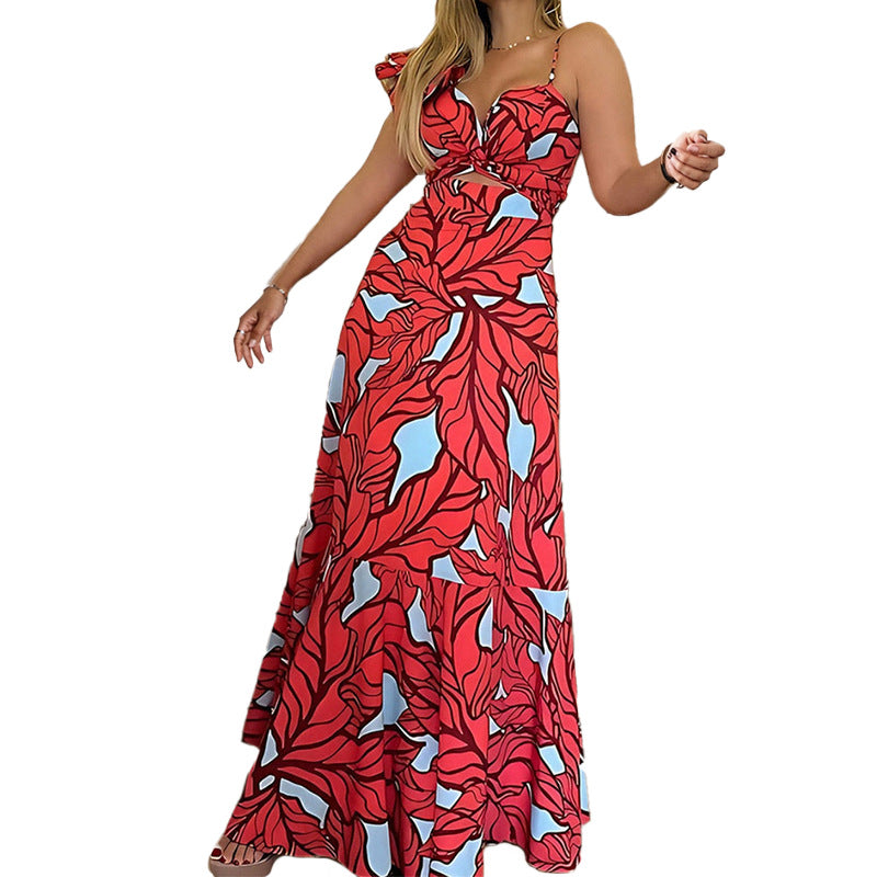 2025 cross-border European-American Amazon independent station new printed waist high-waisted long sleeveless slip dress