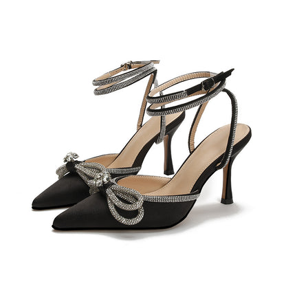 Summer toe-toed back air high heel sandals bow rhinestone high heels female European and American design niche high heel slippers