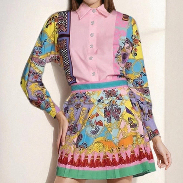 2025 Spring European and American Cross-border Women's New Printed Long-sleeved Shirt Top + Pleated Skirt Set Women's Two-Piece Set