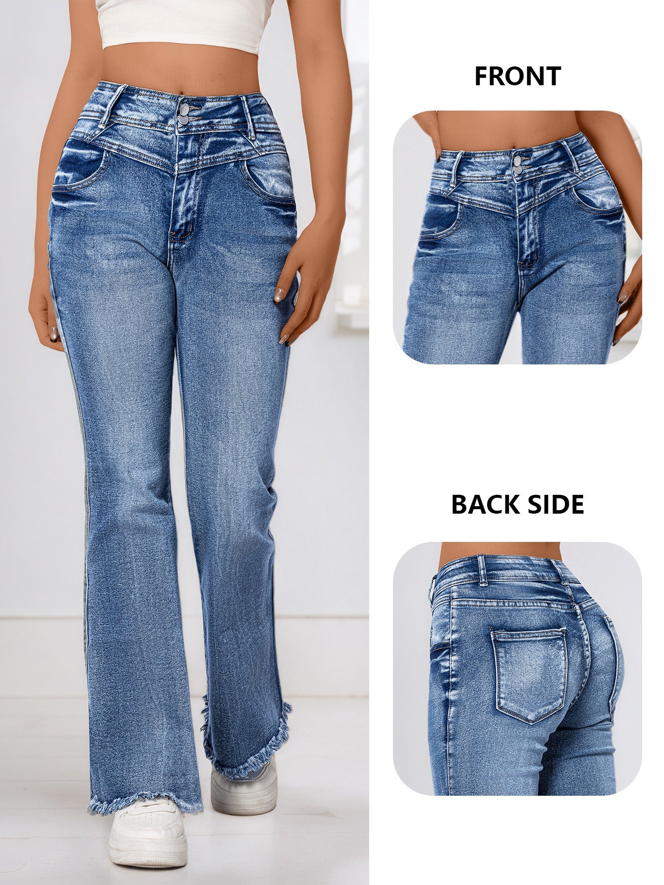 Cross-border, bootcut jeans women, elastic raw edge hip lifting high-waisted skinny wool horseshoe pants, double-breasted cotton