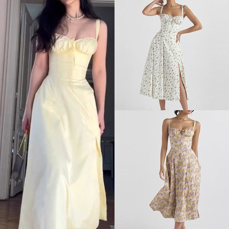 2026 Amazon independent station European and beautiful women's new floral square neck sexy slit spring dress for women