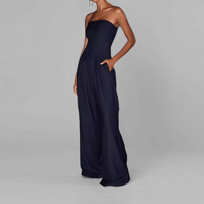 2026 spring new cross-border European and beautiful clothing temperament elegant solid color high-waisted bandeau wide-leg jumpsuit