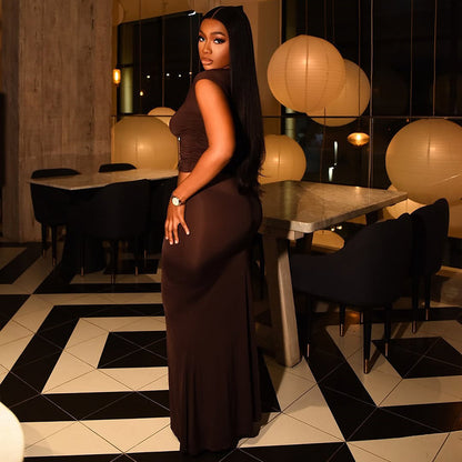 Cross-border Amazon summer new European and American women's solid color slanted collar crop top high waist hip skirt set