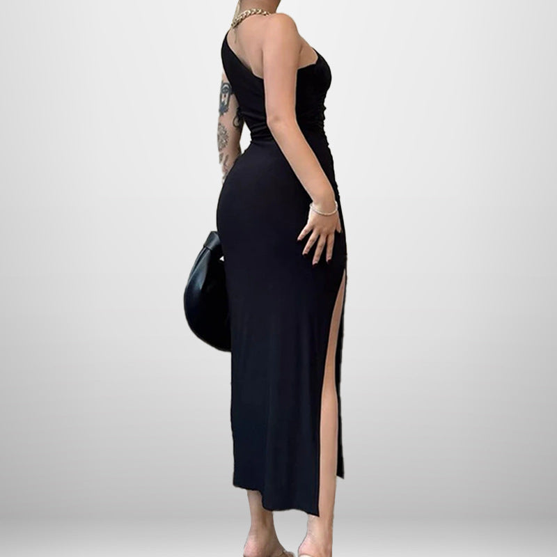 European and American style cross-border 2025 new slanted shoulder solid color slit sleeveless pure desire sexy temperament slim dress
