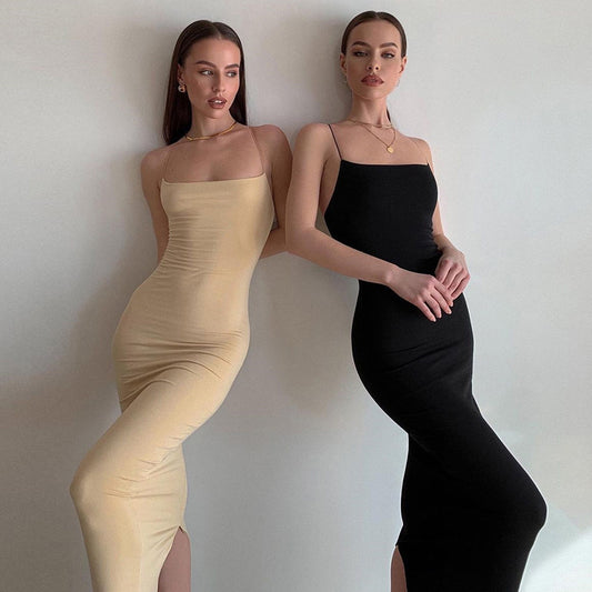 European and American cross-border 2025 new women's fashion solid color sexy open back sleeveless slim hip suspender dress for women