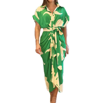 Spring 2026 new European and beautiful clothing temperament fashion printed lapels short sleeves high waisted shirts spring and summer dresses