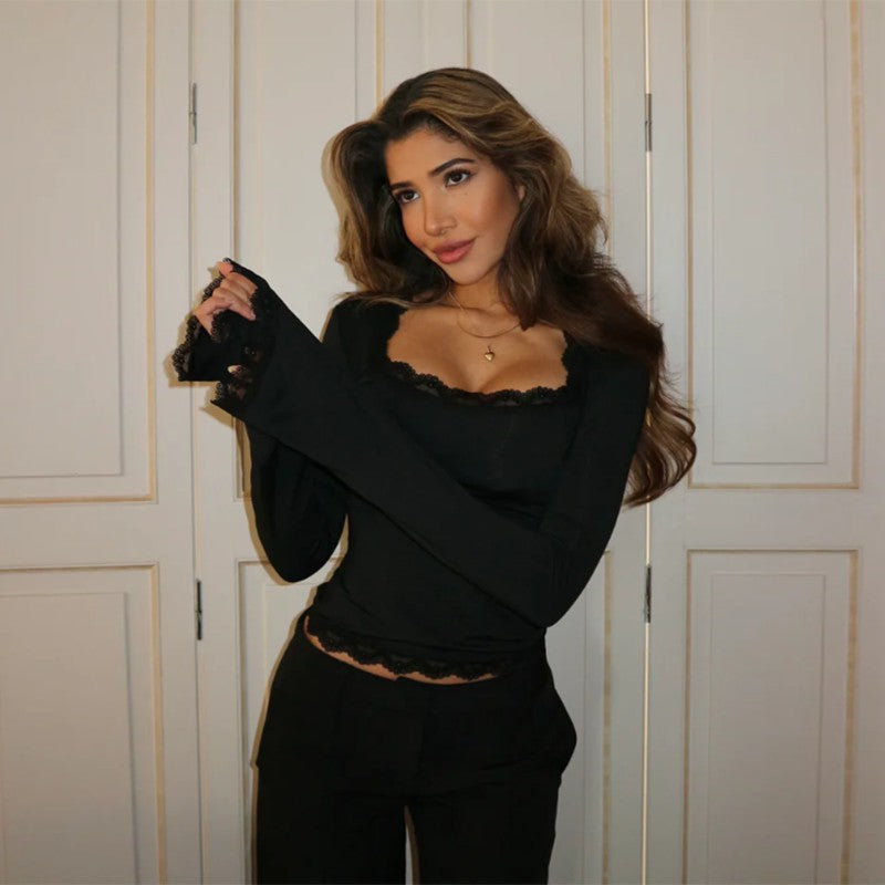 Foreign trade wholesale 2025 spring new European and beautiful women's clothing pure desire style sexy lace slim crop top for women