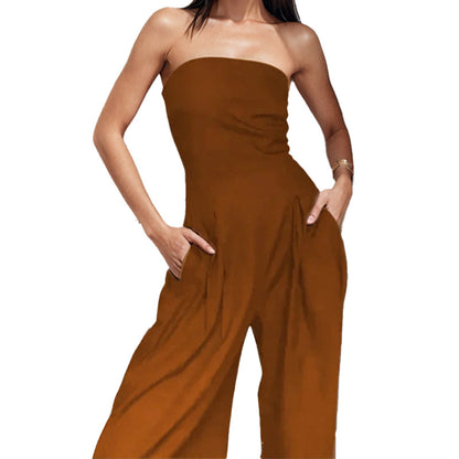 2026 spring new cross-border European and beautiful clothing temperament elegant solid color high-waisted bandeau wide-leg jumpsuit