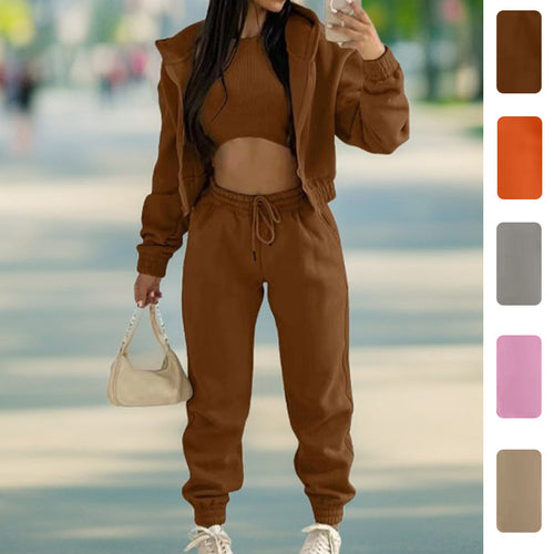 2026 Spring New Cross-border Women's AliExpress Solid Color Simple Hooded Sweatshirt Sports Leisure Pants Three-Piece Set