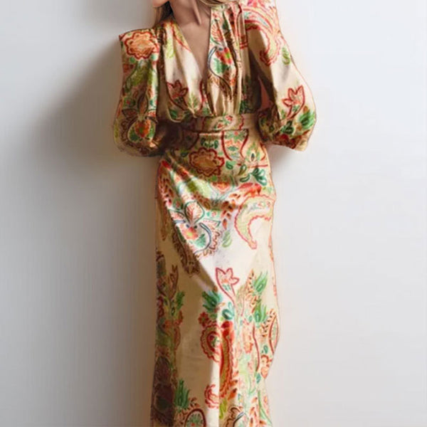 2025 spring new European and American women's clothing ethnic style V-neck long sleeves waist slimming design sense A-line skirt dress for women