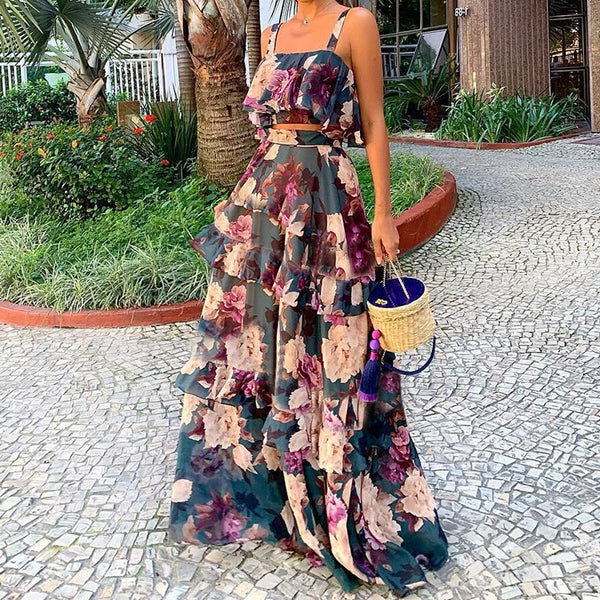 Cross-border 2026 Amazon European and American Clothing New Fashion Floral Top Suspender Ruffled Cake Skirt Set for Women
